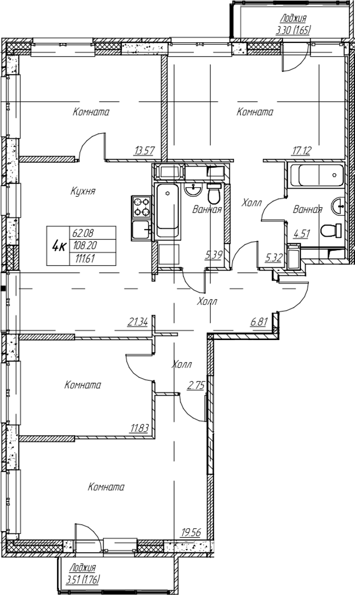 4-комнатная квартира 111.61 м², 6/22 эт., ЖК «Парк-квартал Юнтолово»